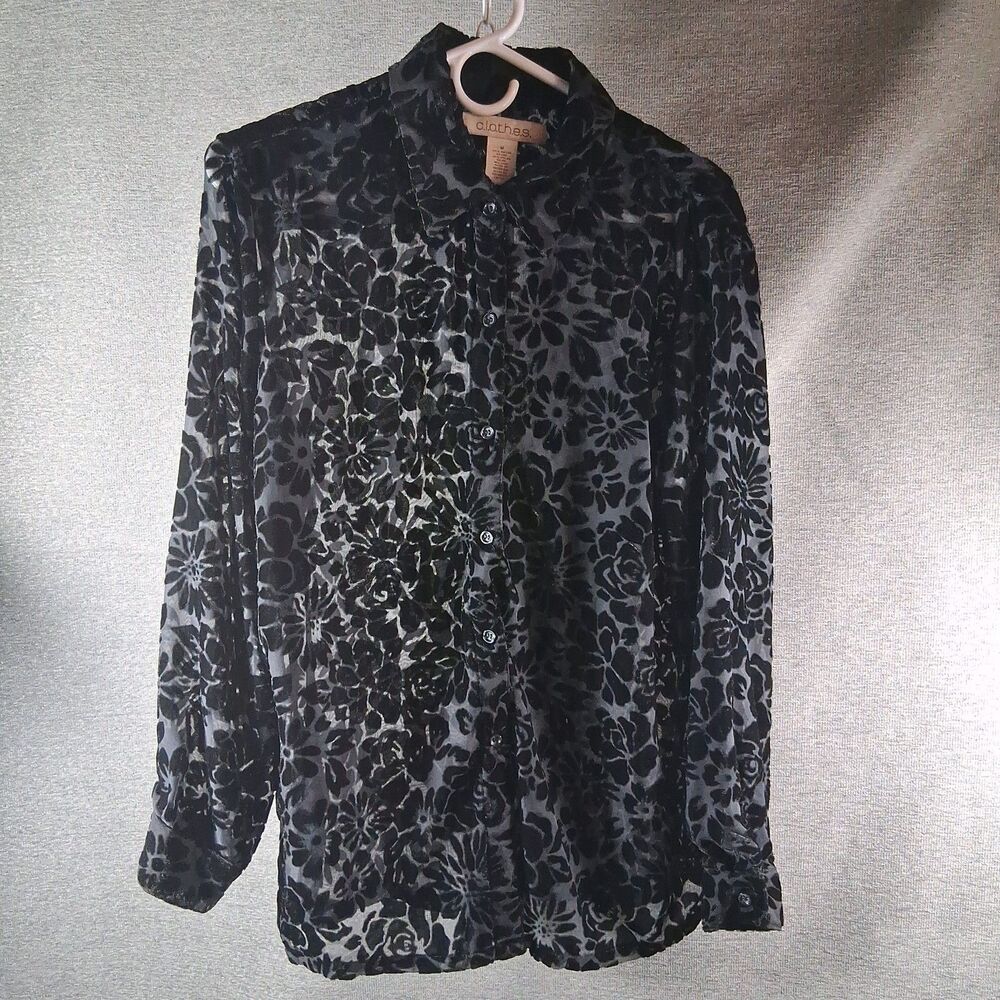CLOTHES womens medium velvet devore floral button up blouse top sheer black vtg